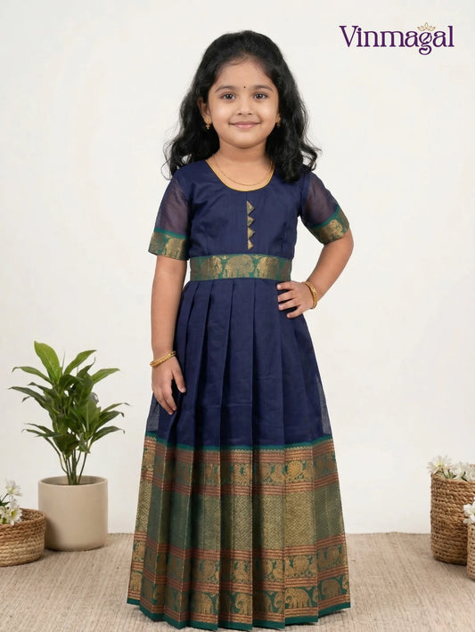 navy blue chettinad cotton long gown for kids traditional ethnic wear dress