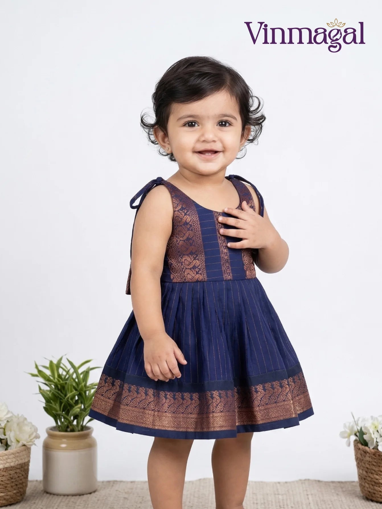 navy blue cotton frock for kids casual everyday party wear dress for girls