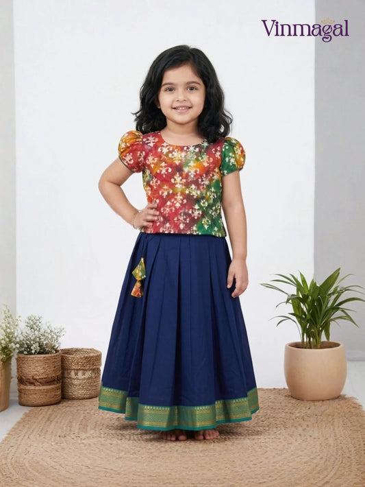 navy blue cotton pavadai sattai for kids with batik print blouse traditional set