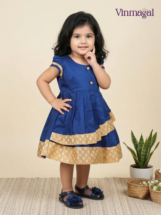navy blue cream silk cotton frock for kids puff sleeve festive party wear dress