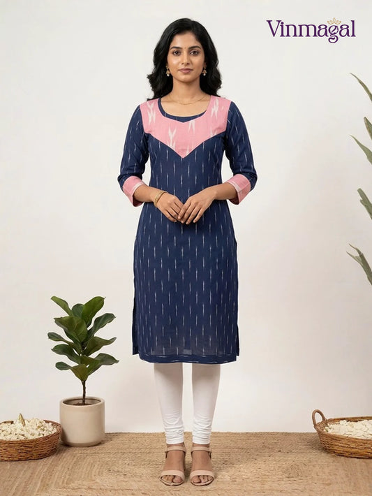 navy blue ikkat cotton kurti for women soft breathable traditional wear