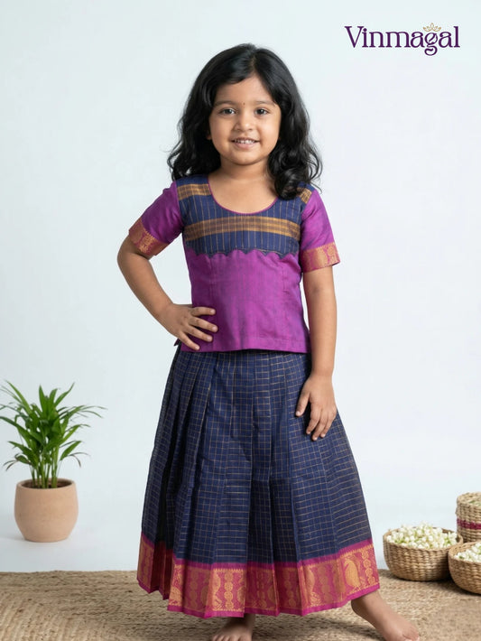 navy blue sungudi cotton pavadai for kids traditional south indian outfit for girls
