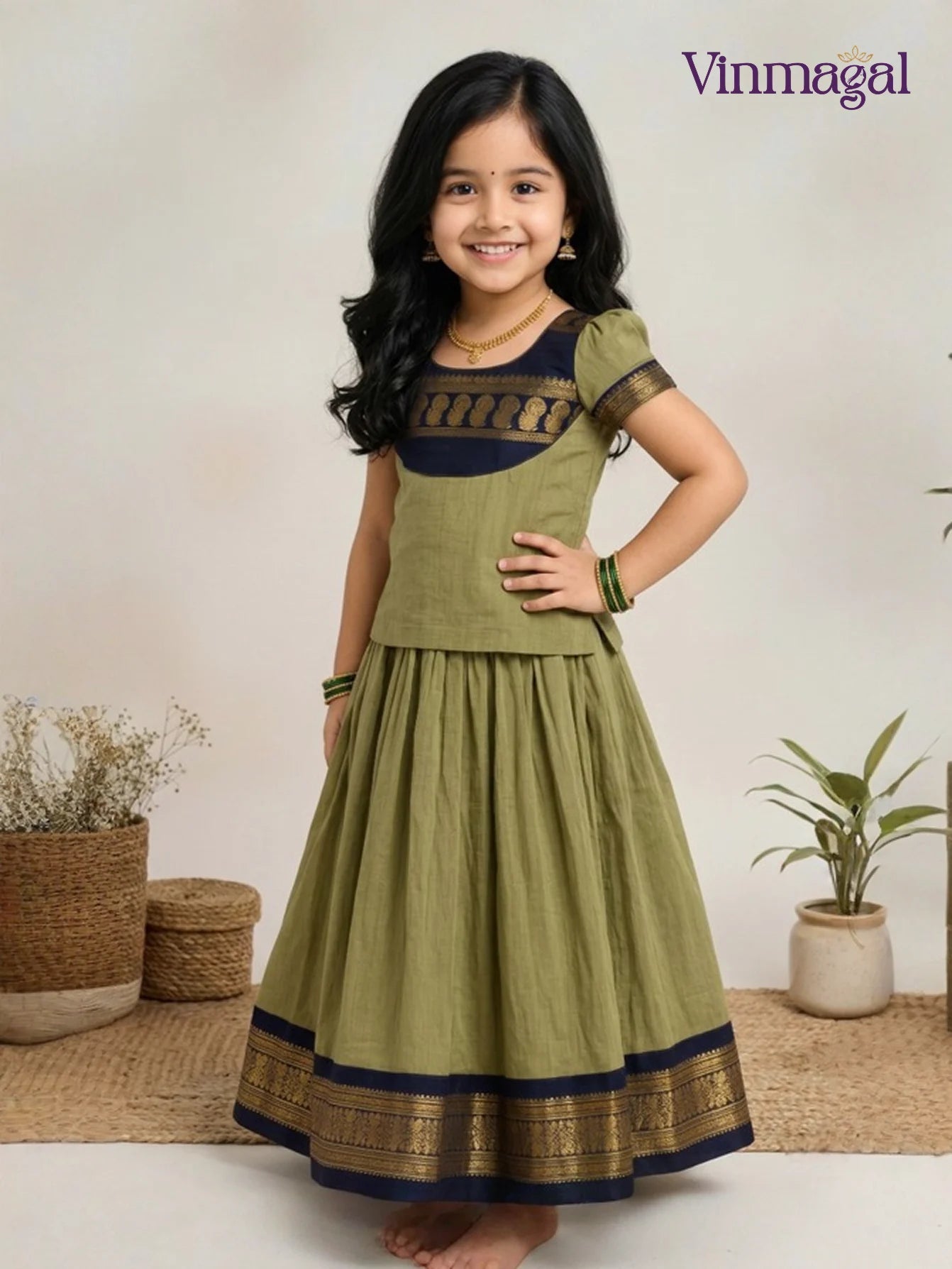 olive green navy blue cotton pavadai sattai for kids traditional ethnic wear set