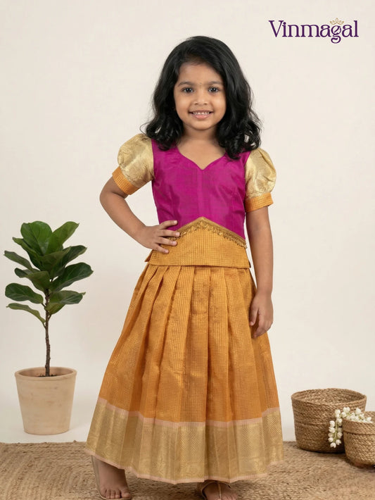 orange pink tissue silk pavadai for girls festive traditional skirt blouse set