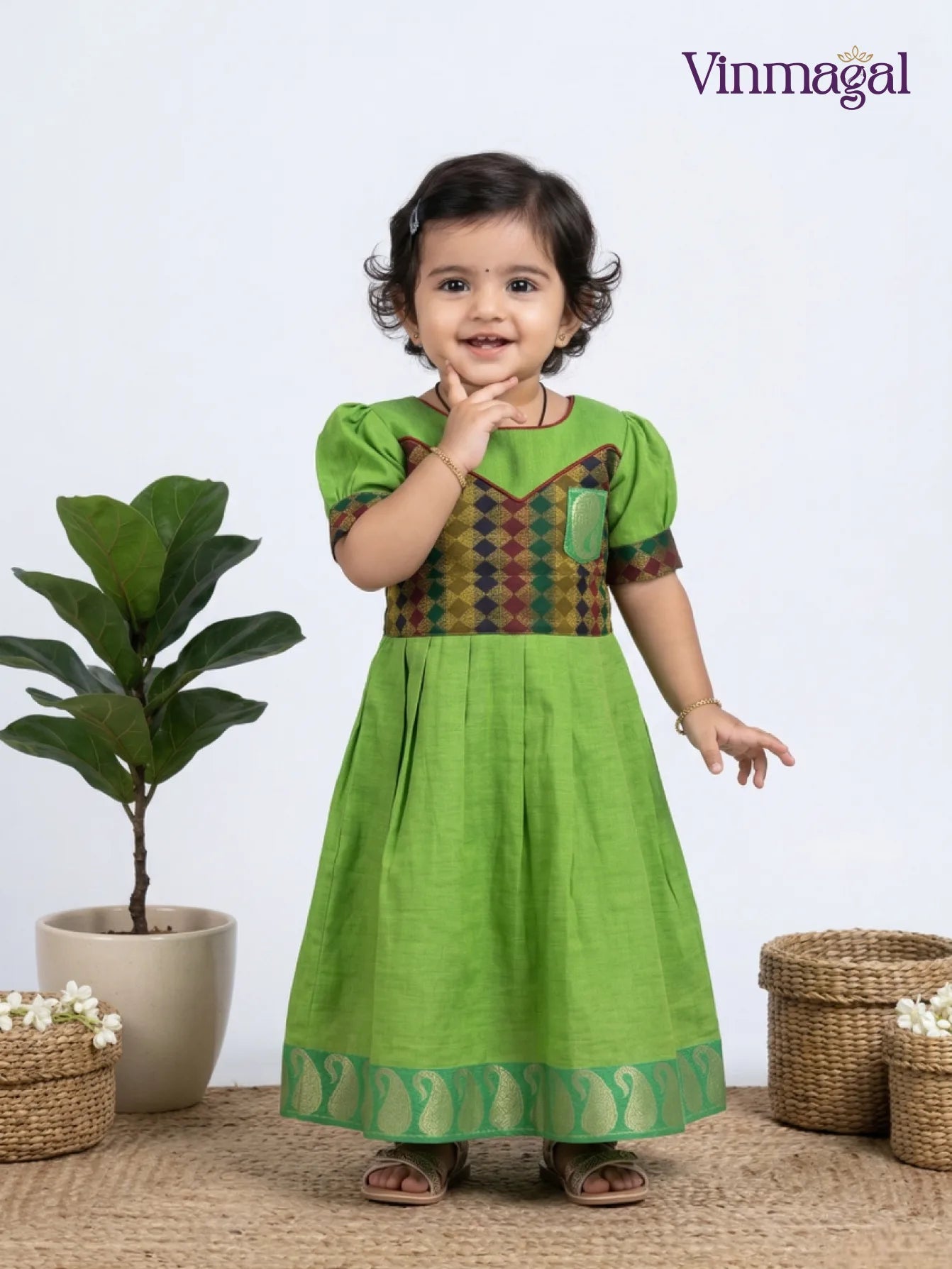 parrot green brown checked cotton pavadai for kids skirt blouse traditional set