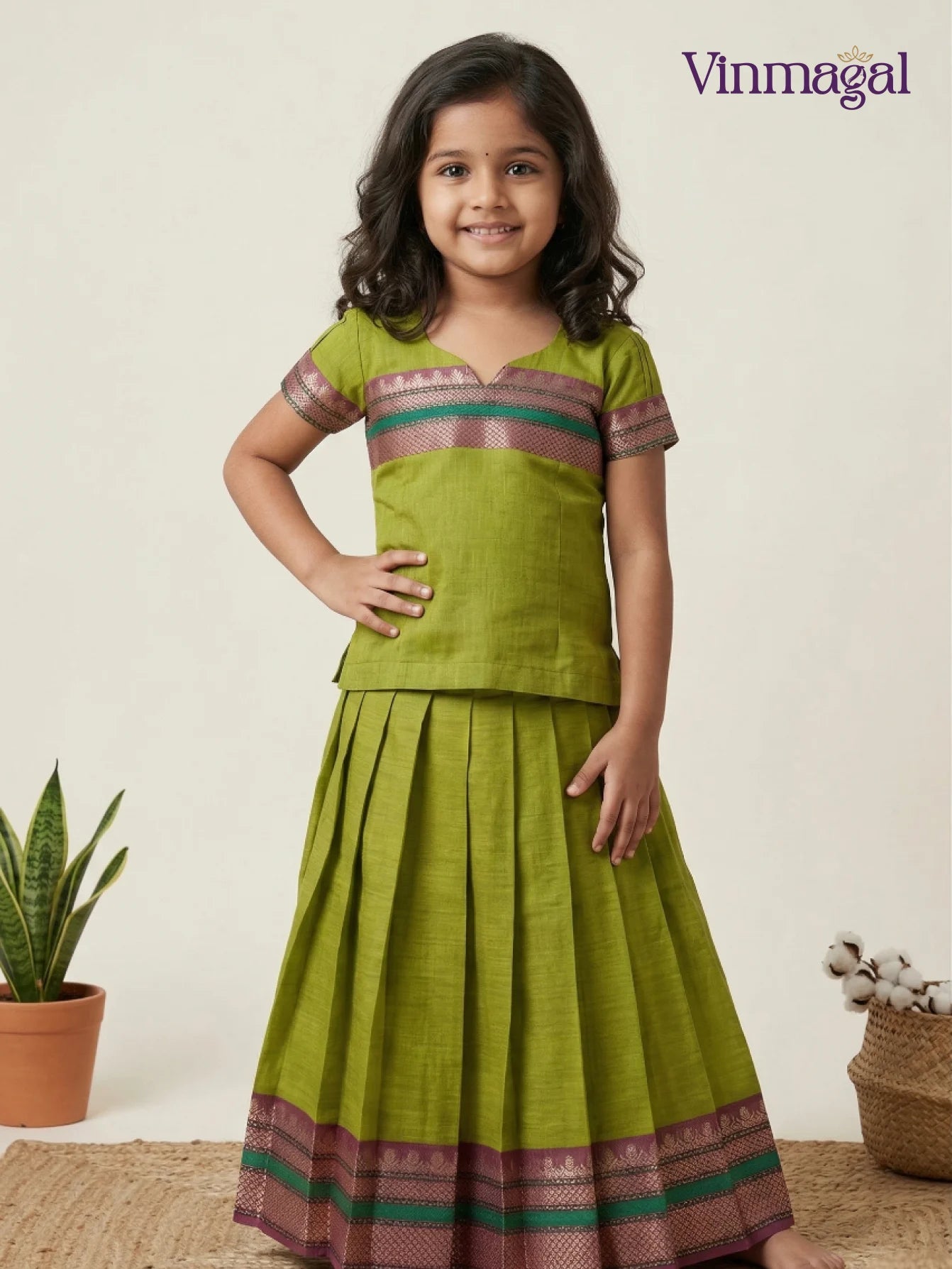 parrot green cotton pavadai for kids traditional south indian skirt set for girls