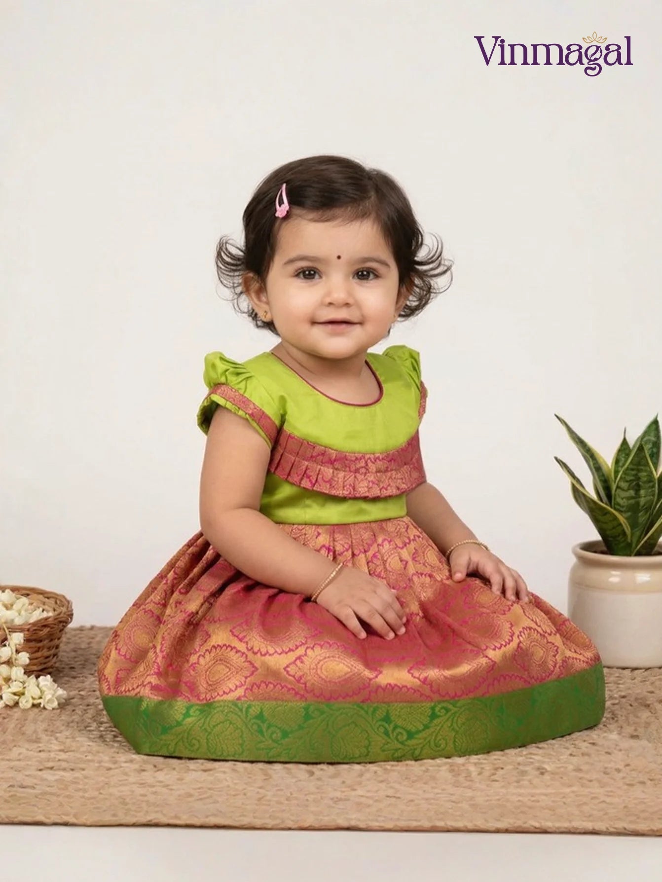 parrot green pink silk frock for girls kids party traditional wear