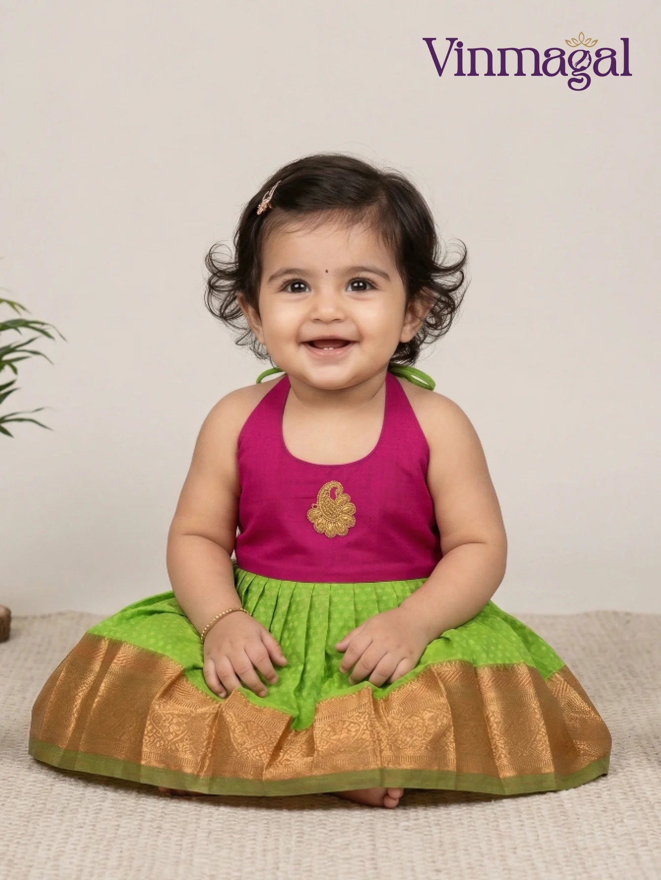 parrot green pink silk frock for girls kids festive party wear dress