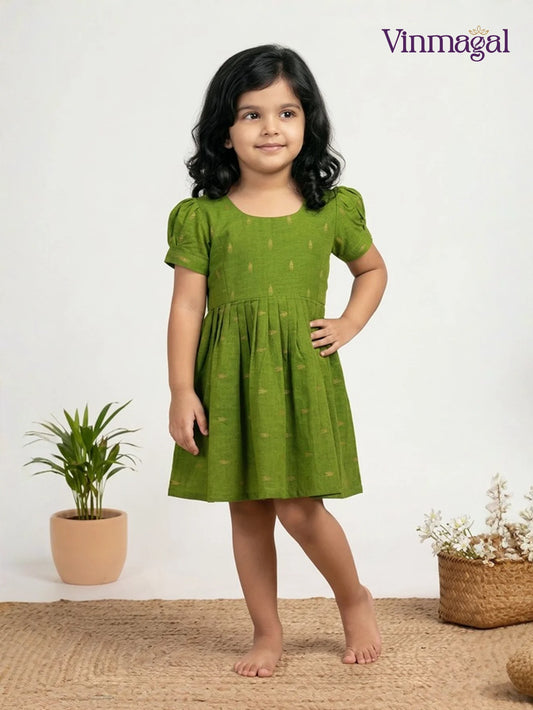 parrot green raw silk frock for girls kids party wear dress