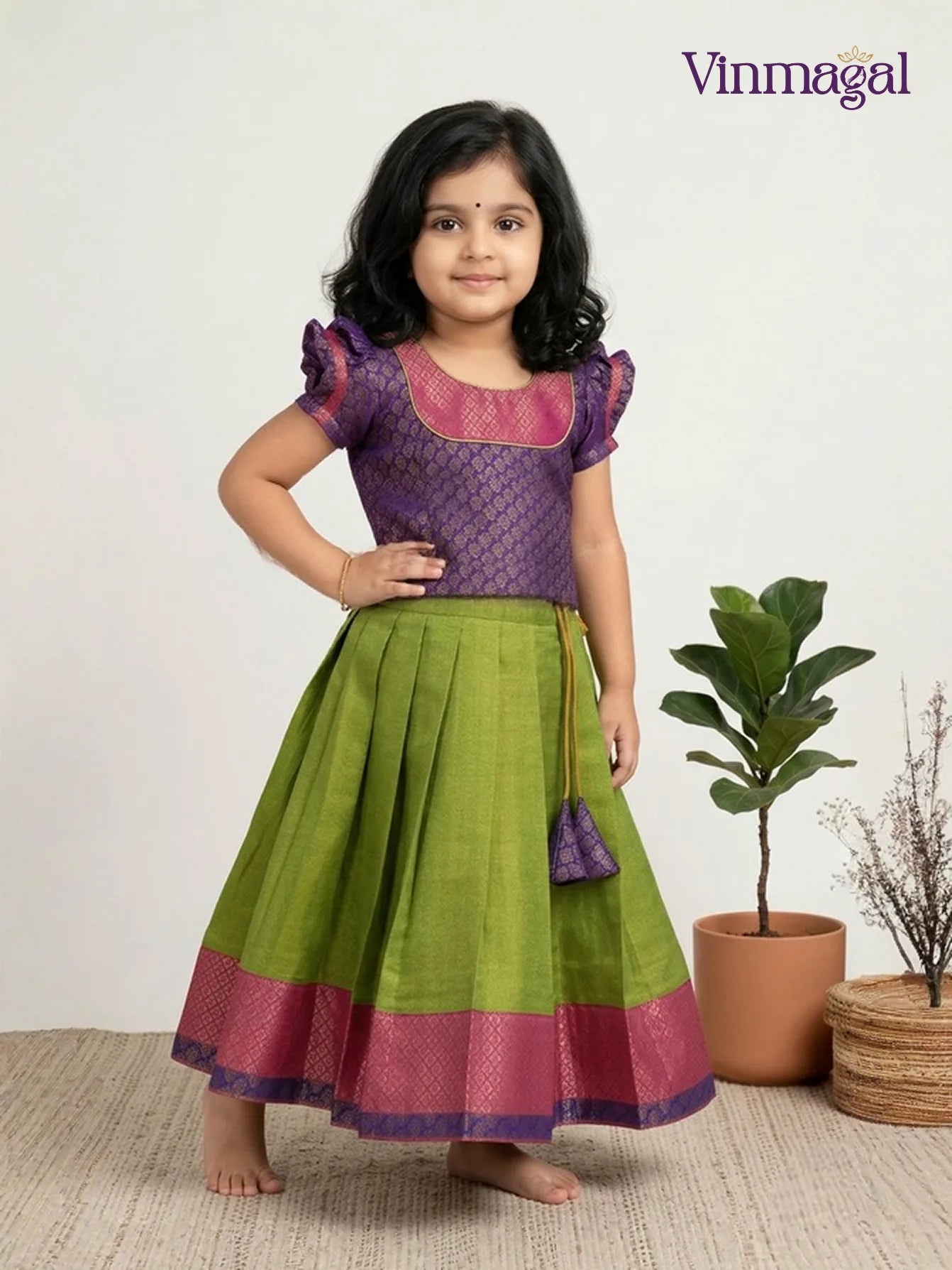 parrot green violet tissue silk pavadai for girls brocade border puff sleeve top