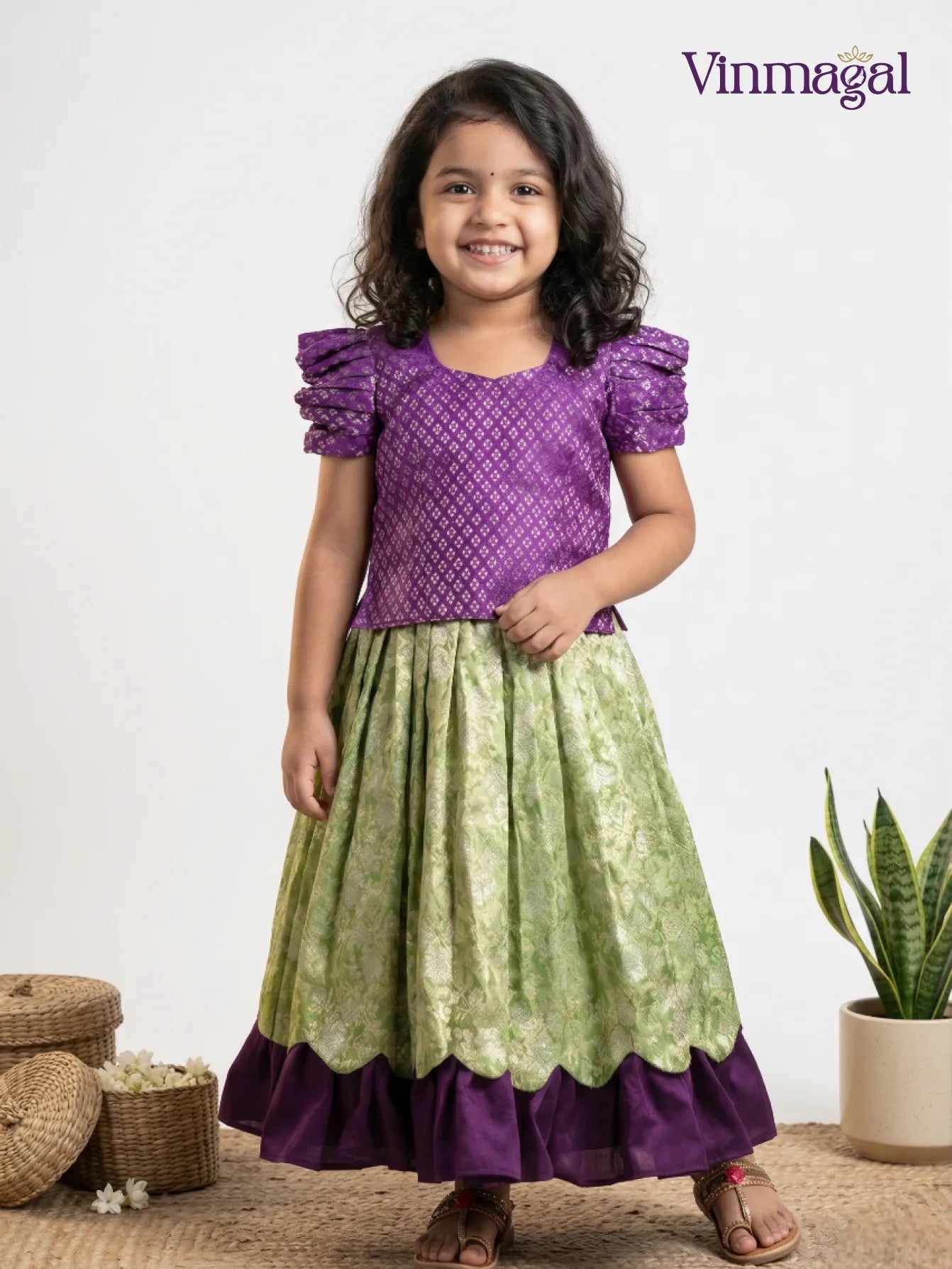 pastel green magenta fancy langa for kids traditional skirt set with ethnic top