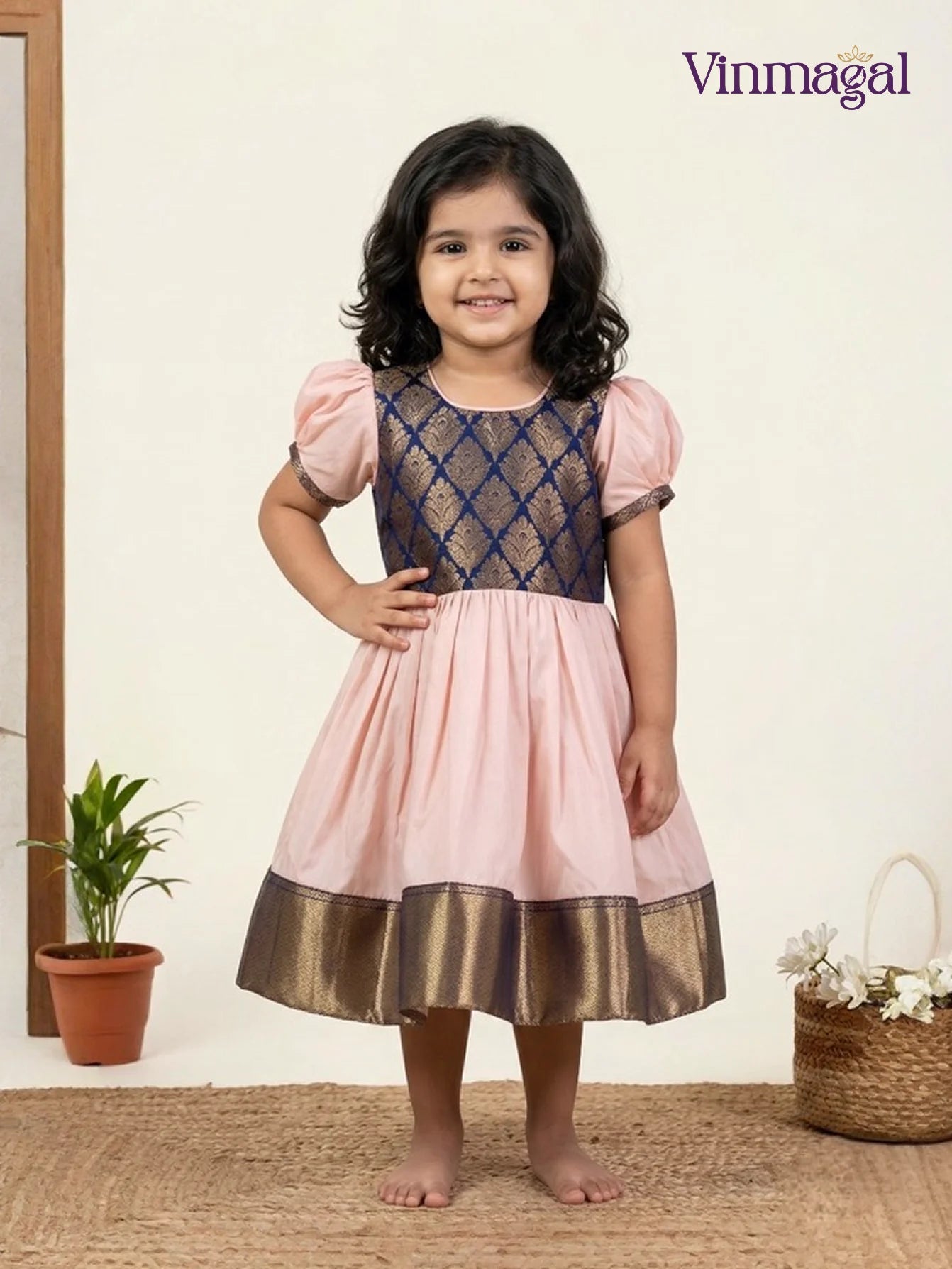 peach navy blue silk frock for girls kids party wear dress