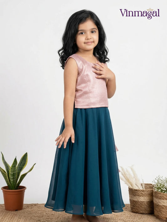peach peacock blue fancy langa for kids skirt top traditional set