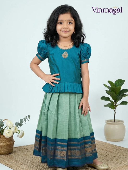 peacock blue chettinad cotton pavadai sattai for kids traditional festive south indian outfit