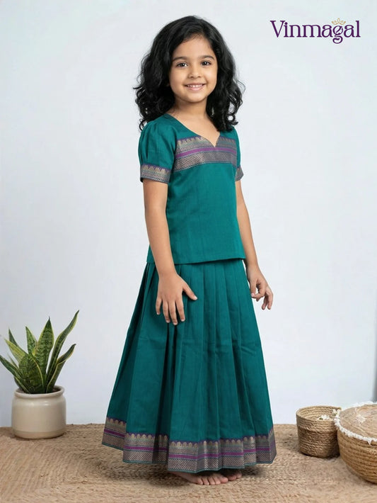 peacock blue cotton pavadai for girls traditional ethnic wear