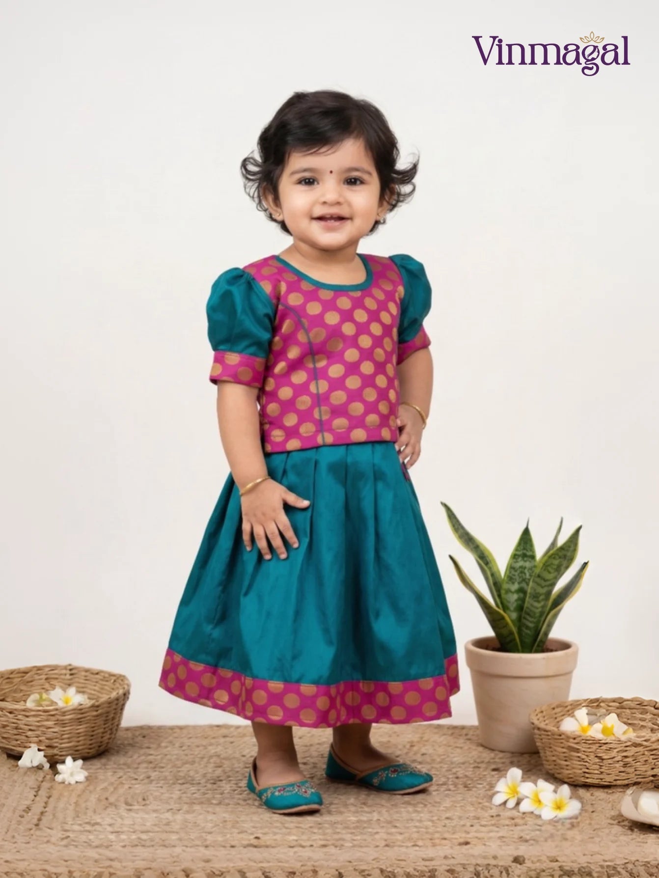 peacock blue pink silk cotton pavadai set for kids brocade top flared skirt traditional outfit