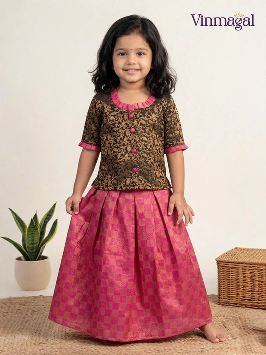 pink black checked silk cotton langa for girls designer ethnic wear