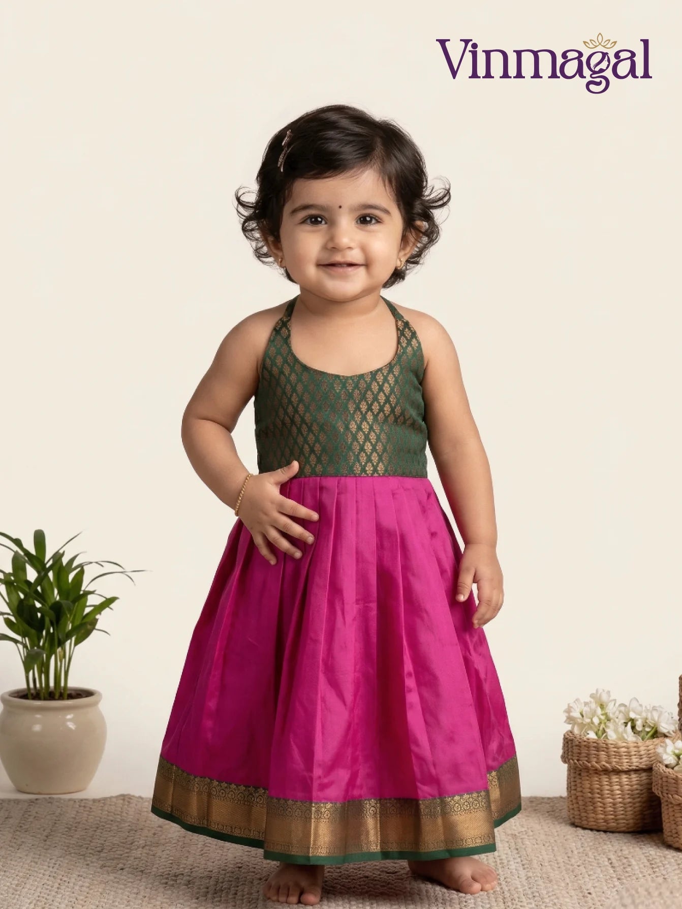 pink dark green silk frock for girls kids party wear festive dress