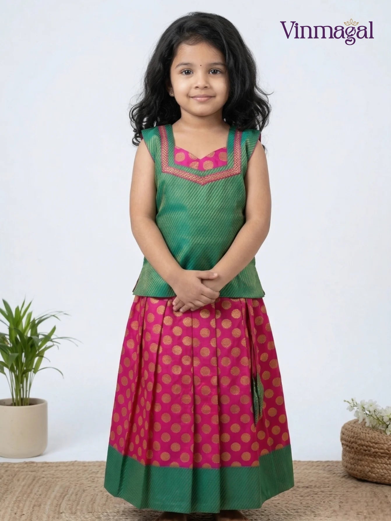 pink green silk frock for kids stylish party wear dress for girls