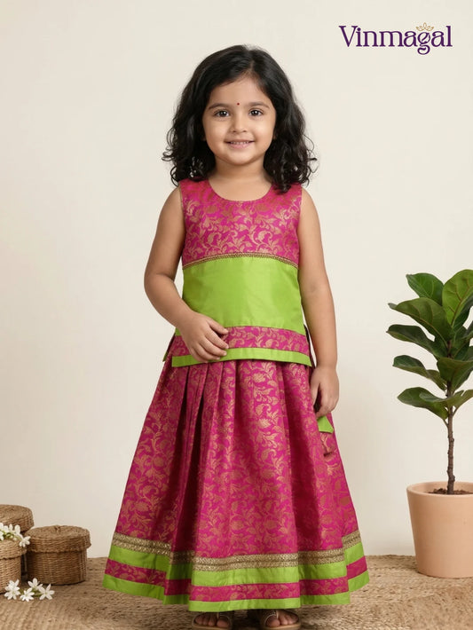 pink parrot green fancy langa for girls festive skirt blouse set traditional wear