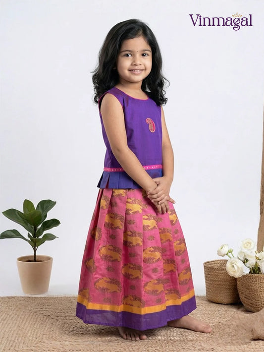 pink violet kids langa set for girls deer design skirt sleeveless frill top