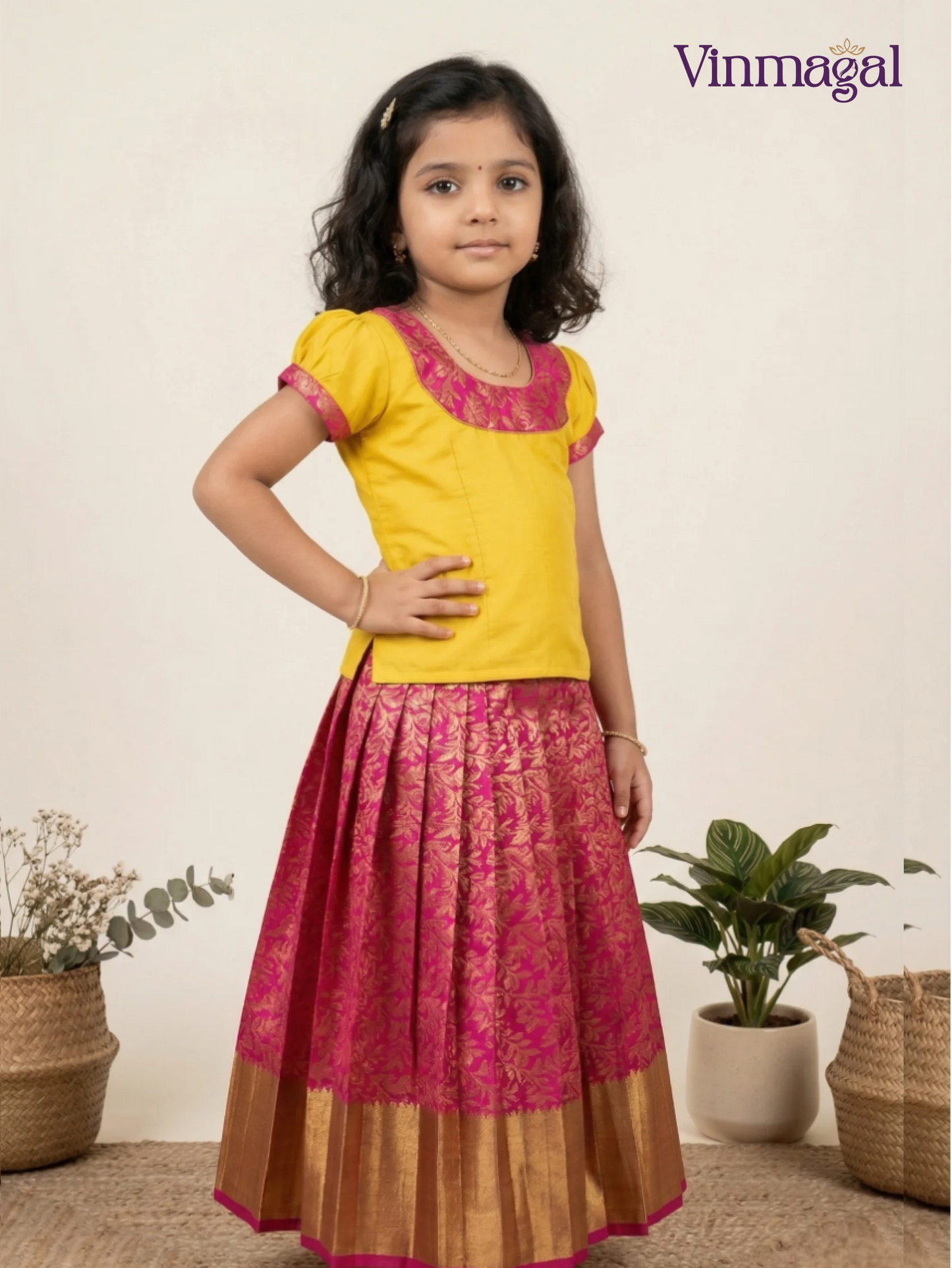 pink yellow semi kanchi pattu pavadai for girls traditional kids ethnic festive outfit