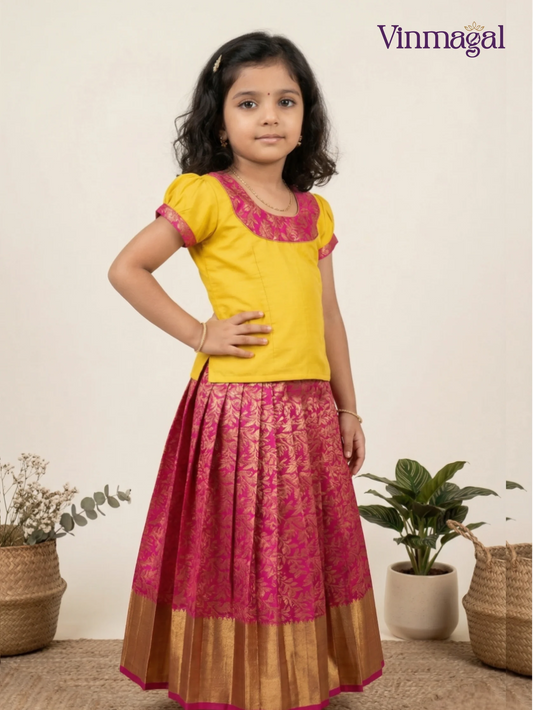 pink yellow semi kanchi pattu pavadai for girls traditional kids ethnic festive outfit