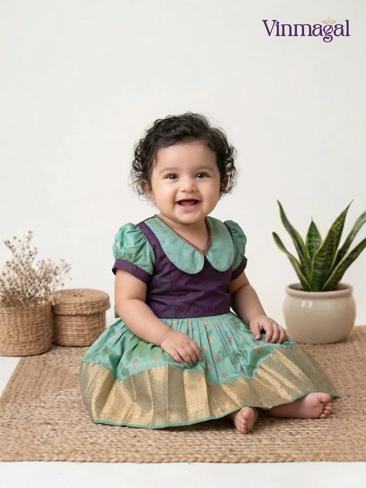 pista green brown silk frock for girls soft silk festive dress