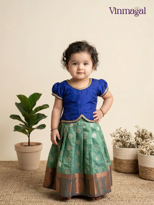 Pista green and blue soft silk pattu pavadai for girls – traditional South Indian ethnic festive dress for kids with classic border detailing