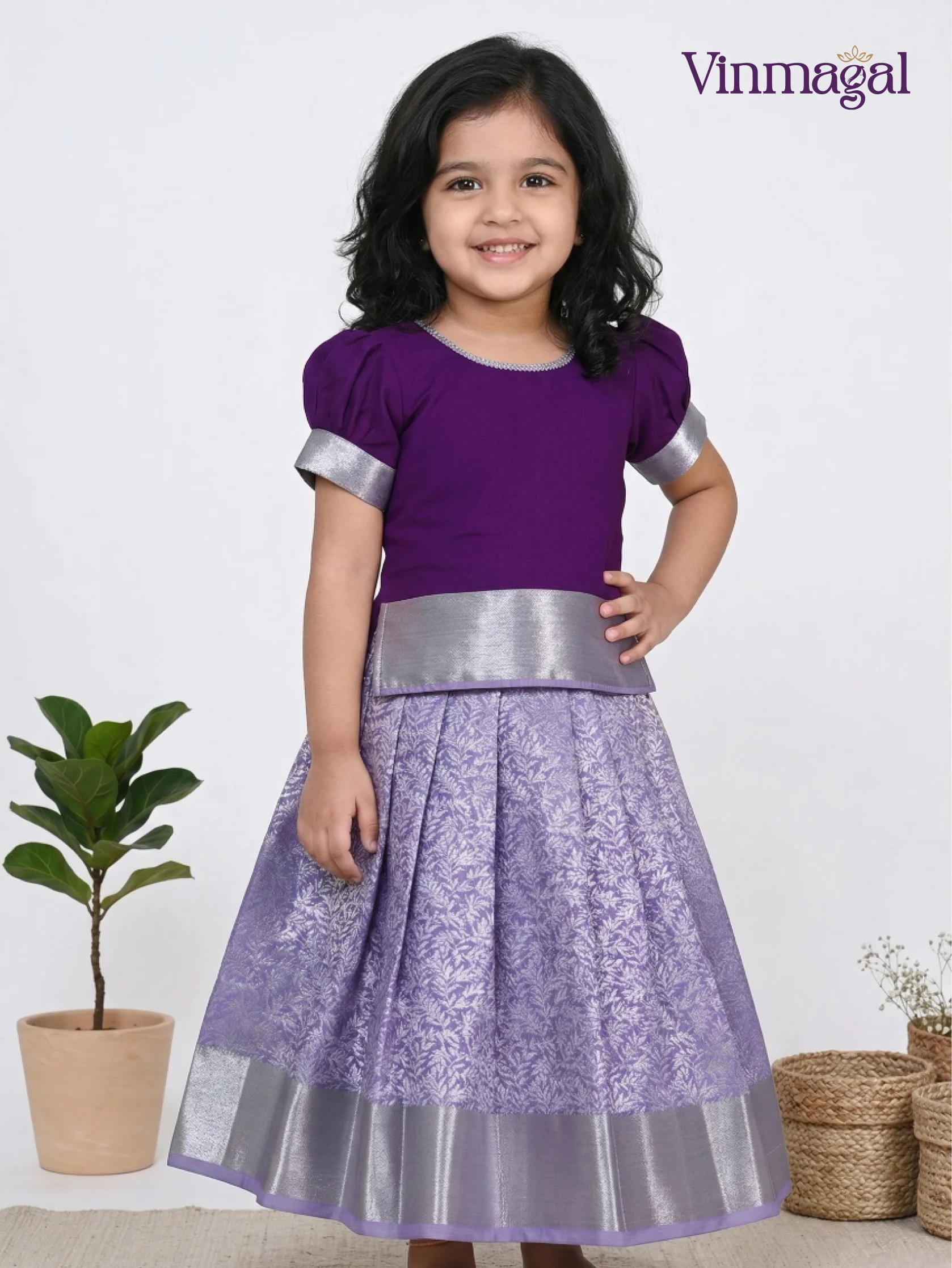 Purple and violet peplum soft silk pattu pavadai with silver zari border for girls – traditional festive skirt set for kids
