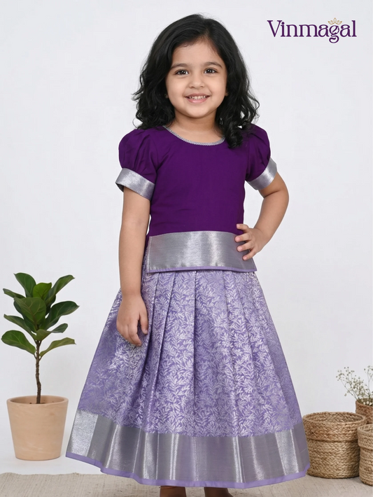 Purple and violet peplum soft silk pattu pavadai with silver zari border for girls – traditional festive skirt set for kids