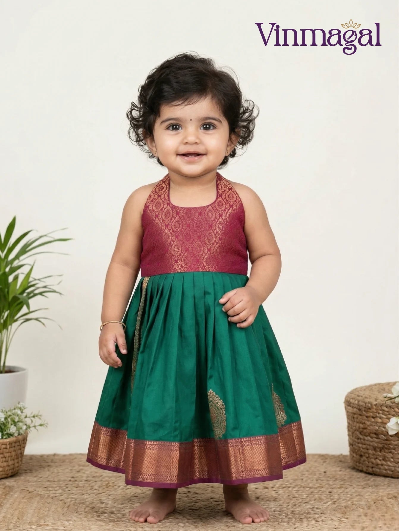 rama green pink silk frock for kids festive party wear dress for girls