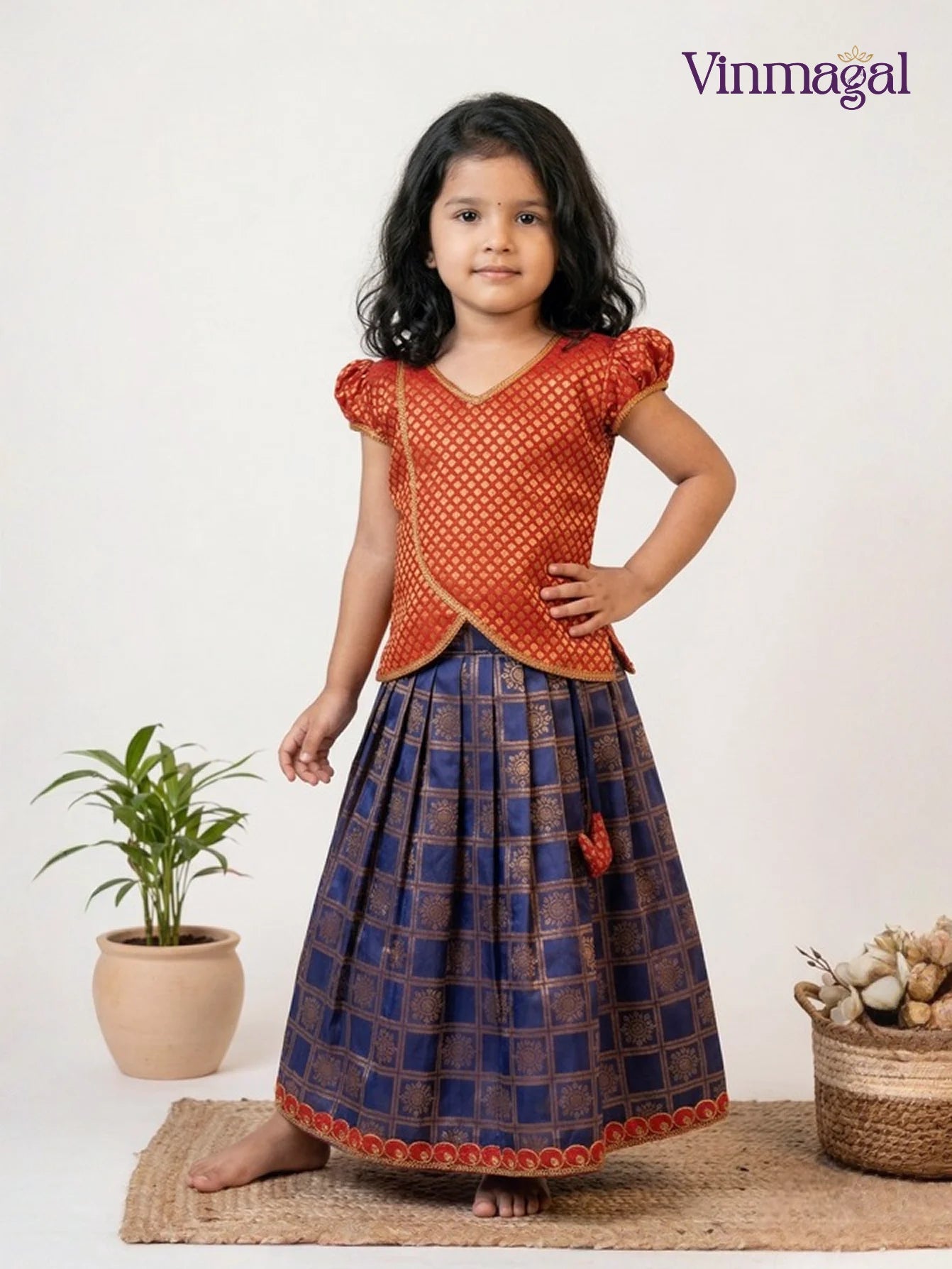 red navy blue kids langa set for girls brocade top traditional skirt