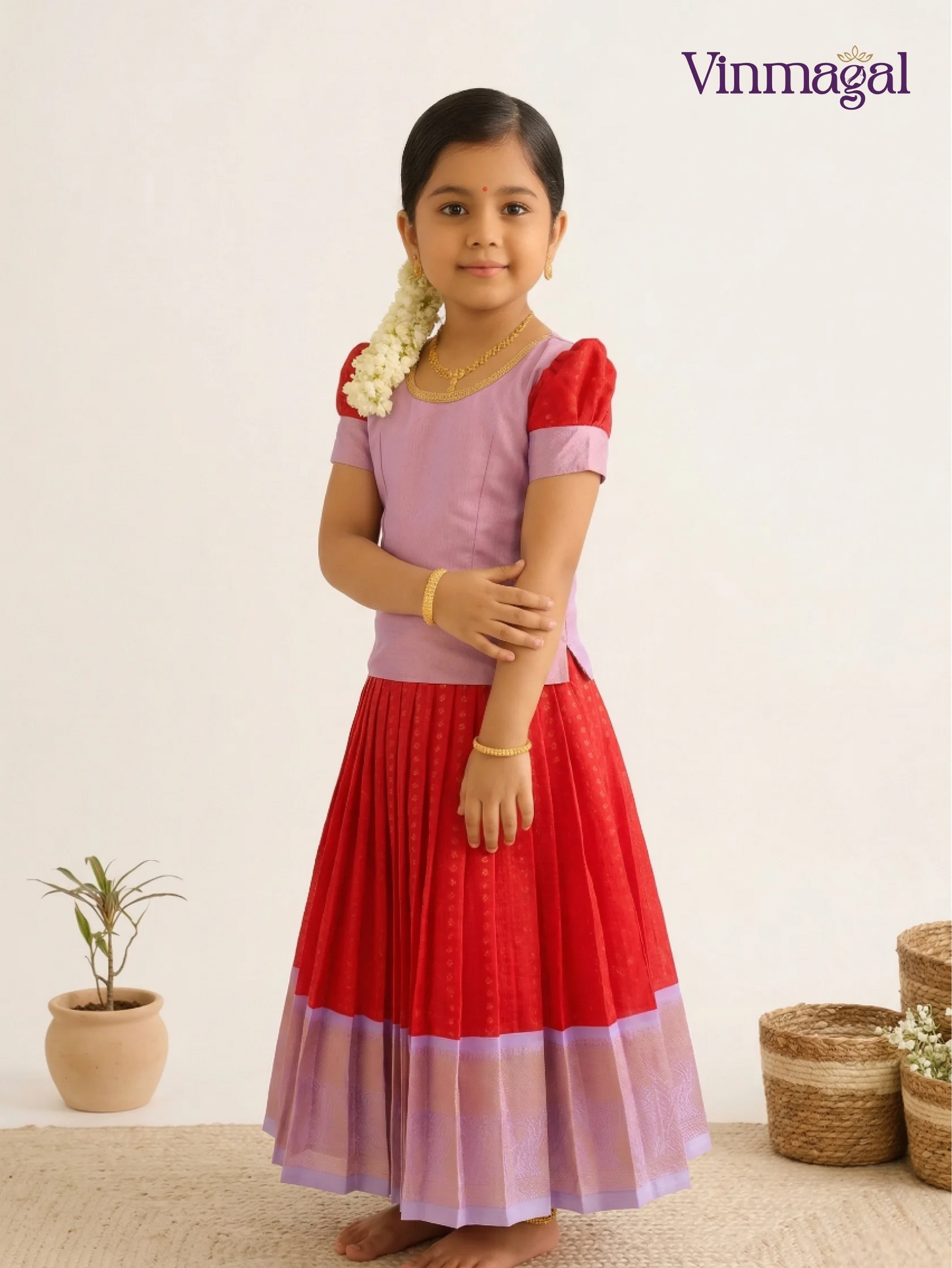 Red and lavender semi Kanchipuram pattu pavadai for girls – traditional ethnic dress for kids with zari border