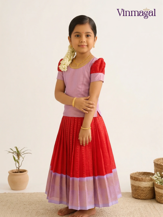 Red and lavender semi Kanchipuram pattu pavadai for girls – traditional ethnic dress for kids with zari border