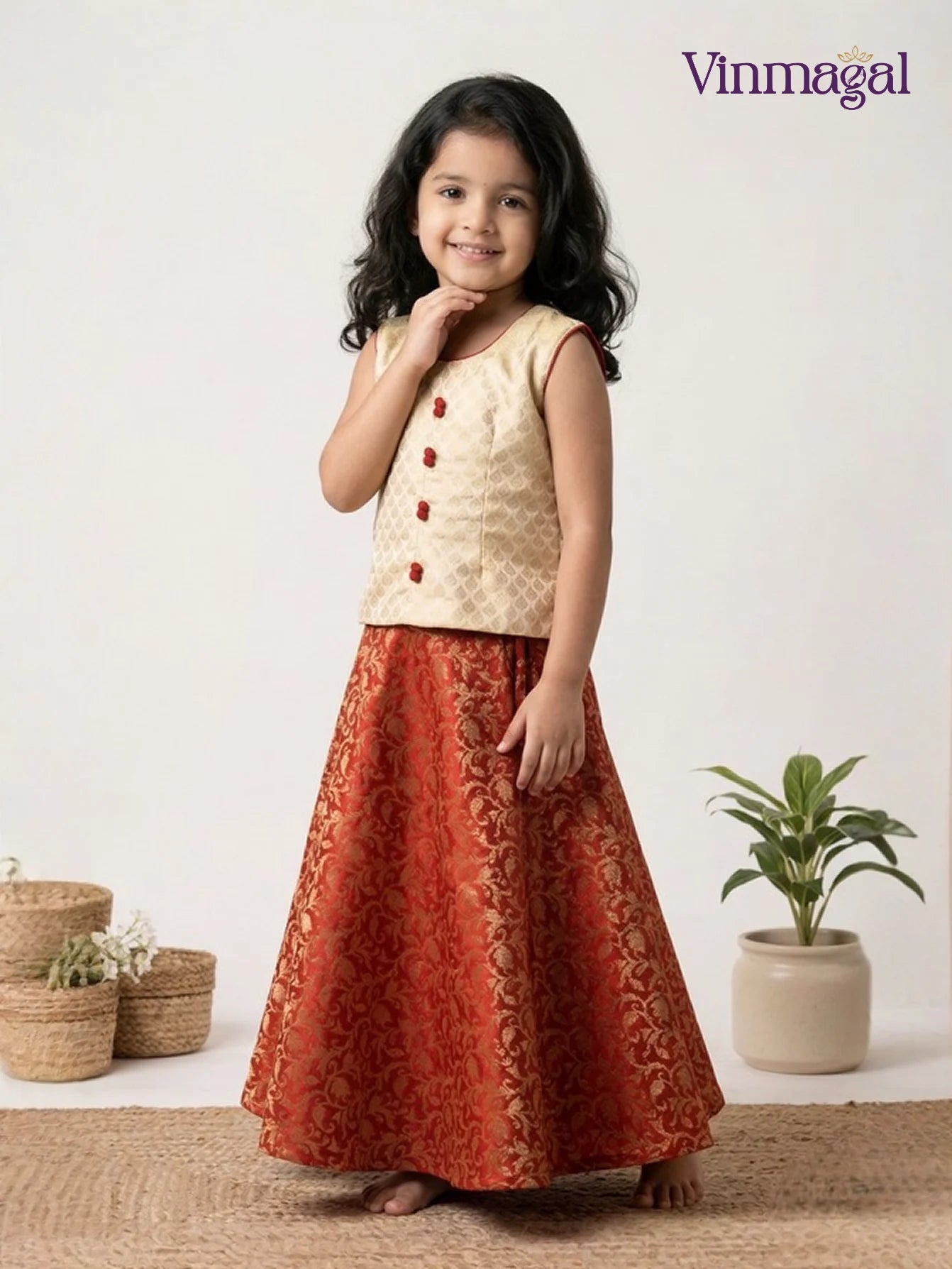sandal red kids langa set for girls brocade zari skirt traditional hanging work top
