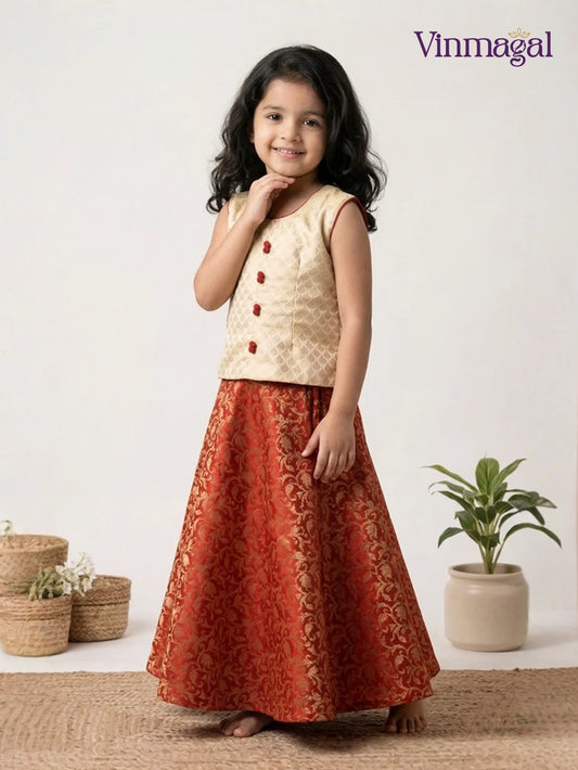 sandal red kids langa set for girls brocade zari skirt traditional hanging work top