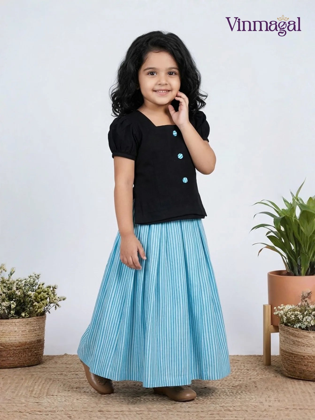 sky blue black cotton hakoba co ord set for girls embroidered ethnic wear