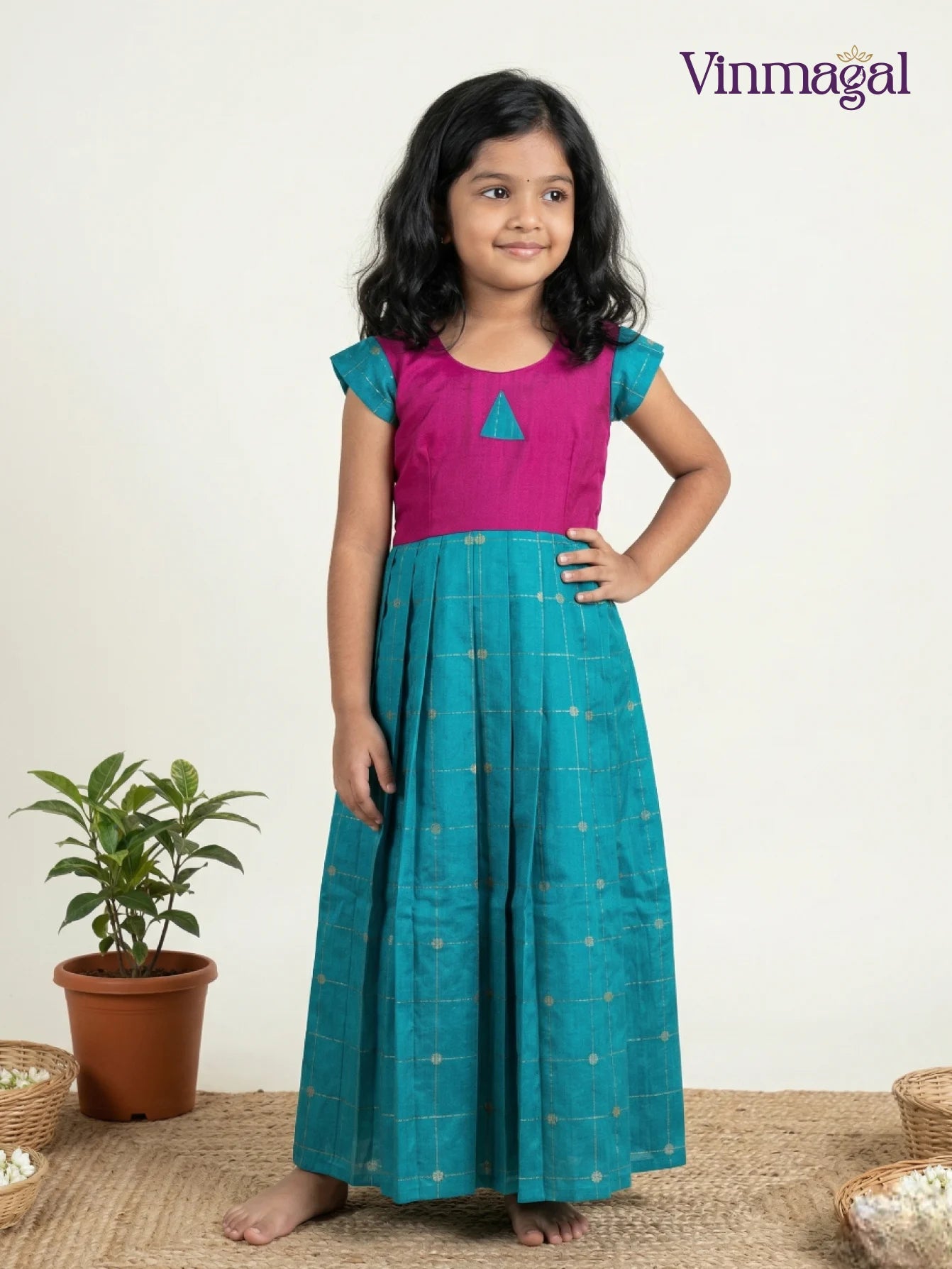 turquoise blue pink raw silk long gown for girls festive party wear kids dress