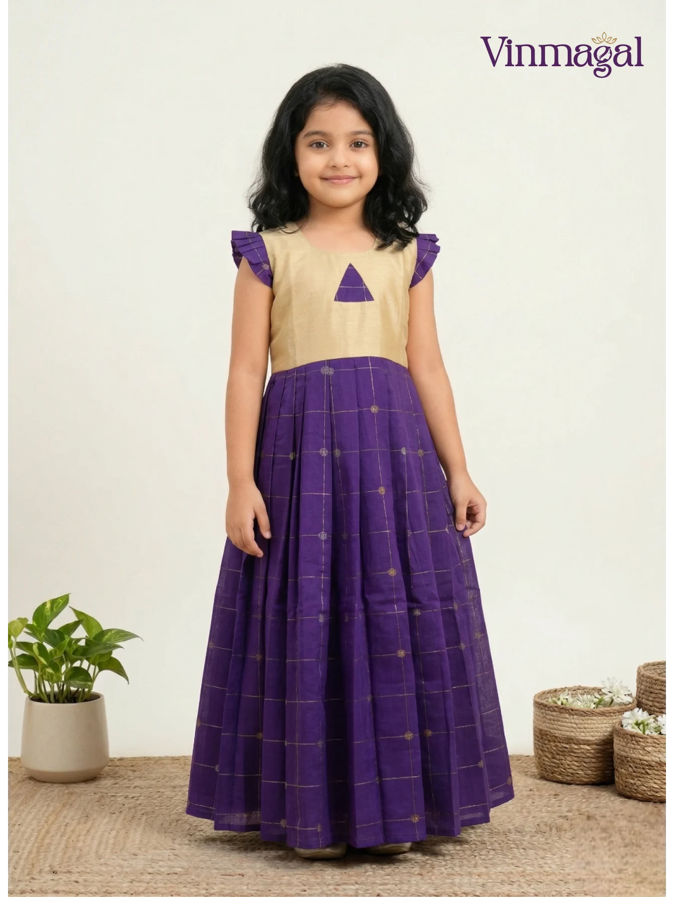 violet cream raw silk long gown for girls elegant festive party wear kids dress