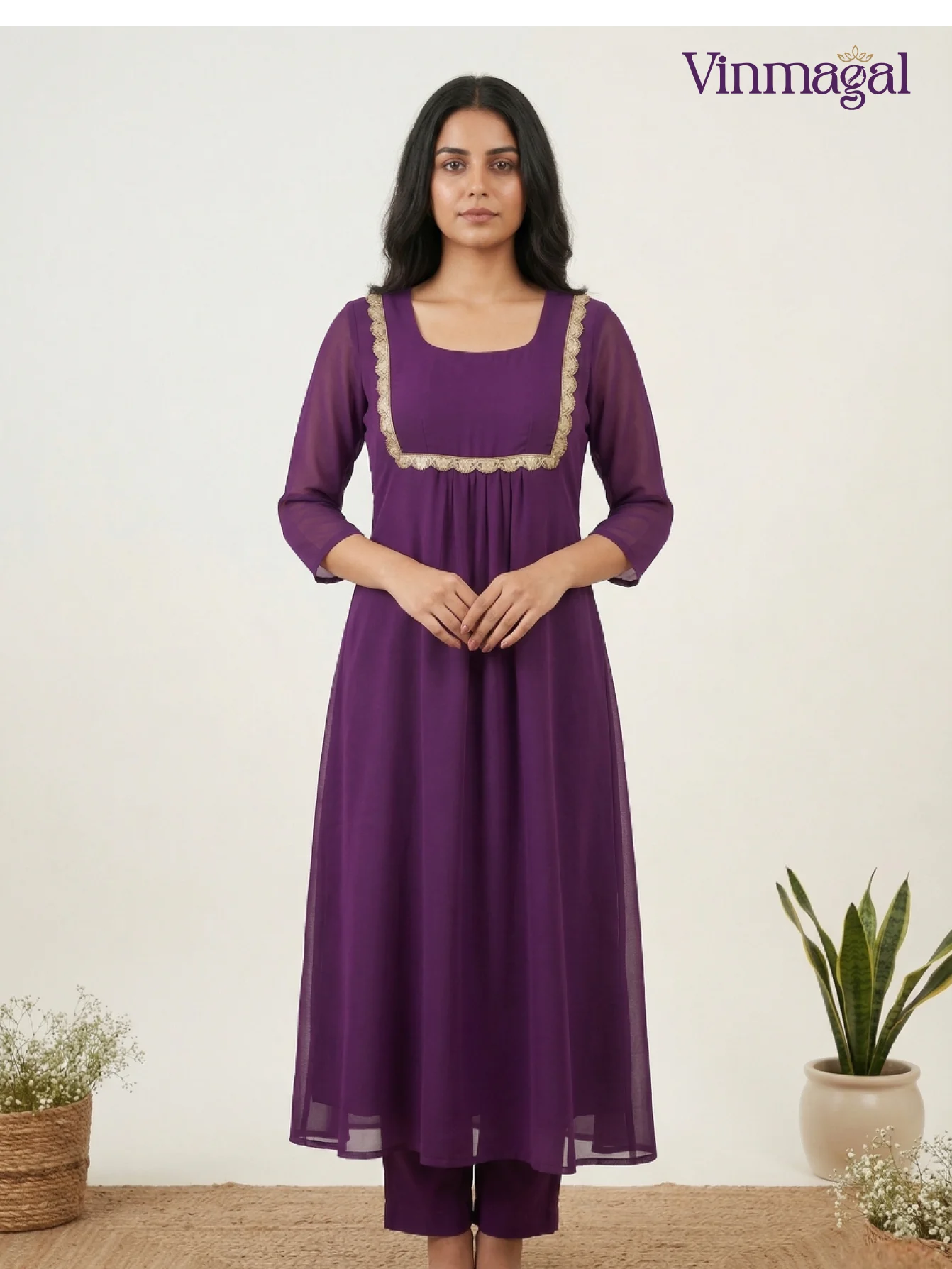 violet georgette kurti for women elegant party wear with lining