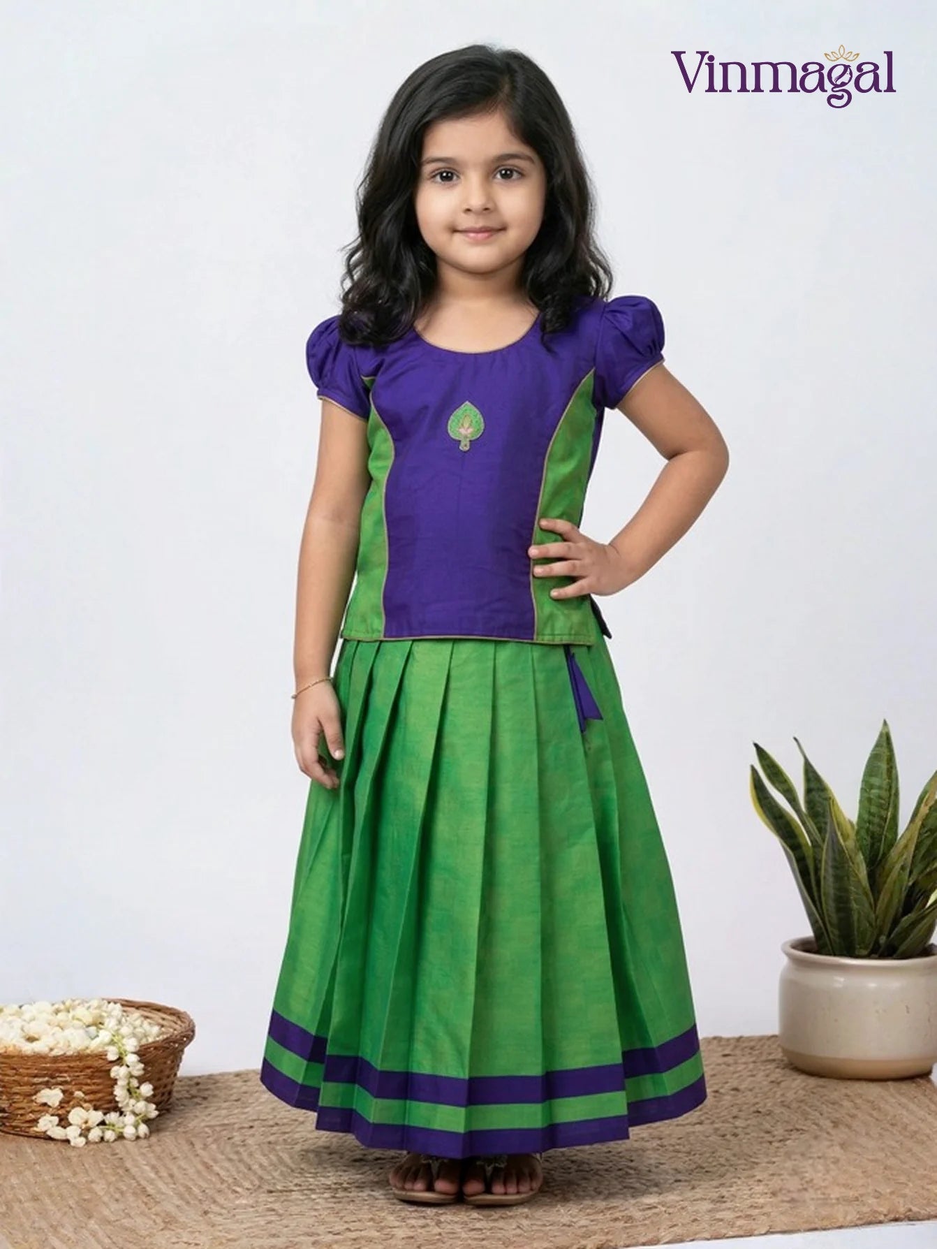 violet parrot green kids langa set for girls brocade skirt puff sleeve top