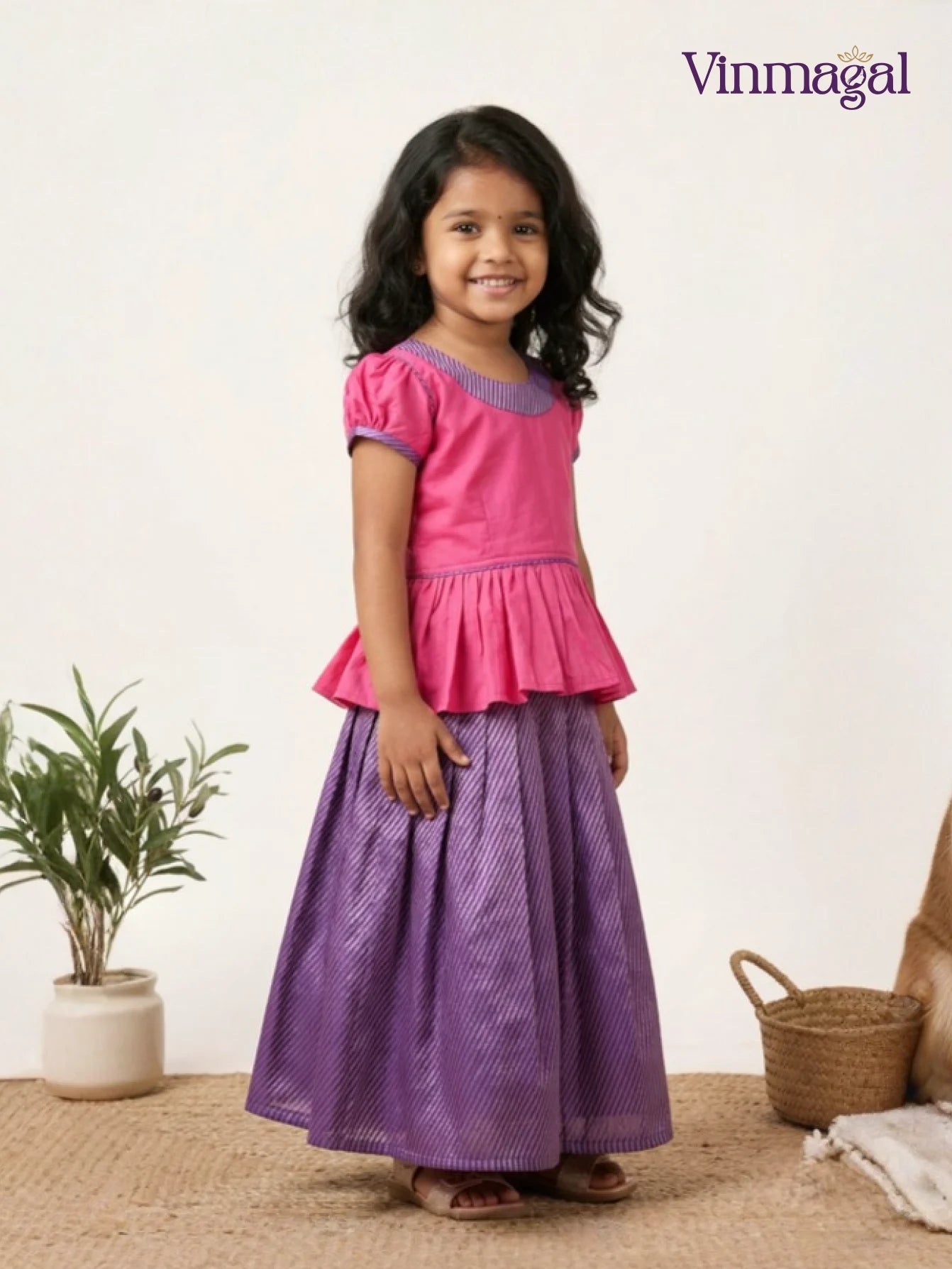 violet pink silk cotton pavadai set for kids traditional skirt top outfit