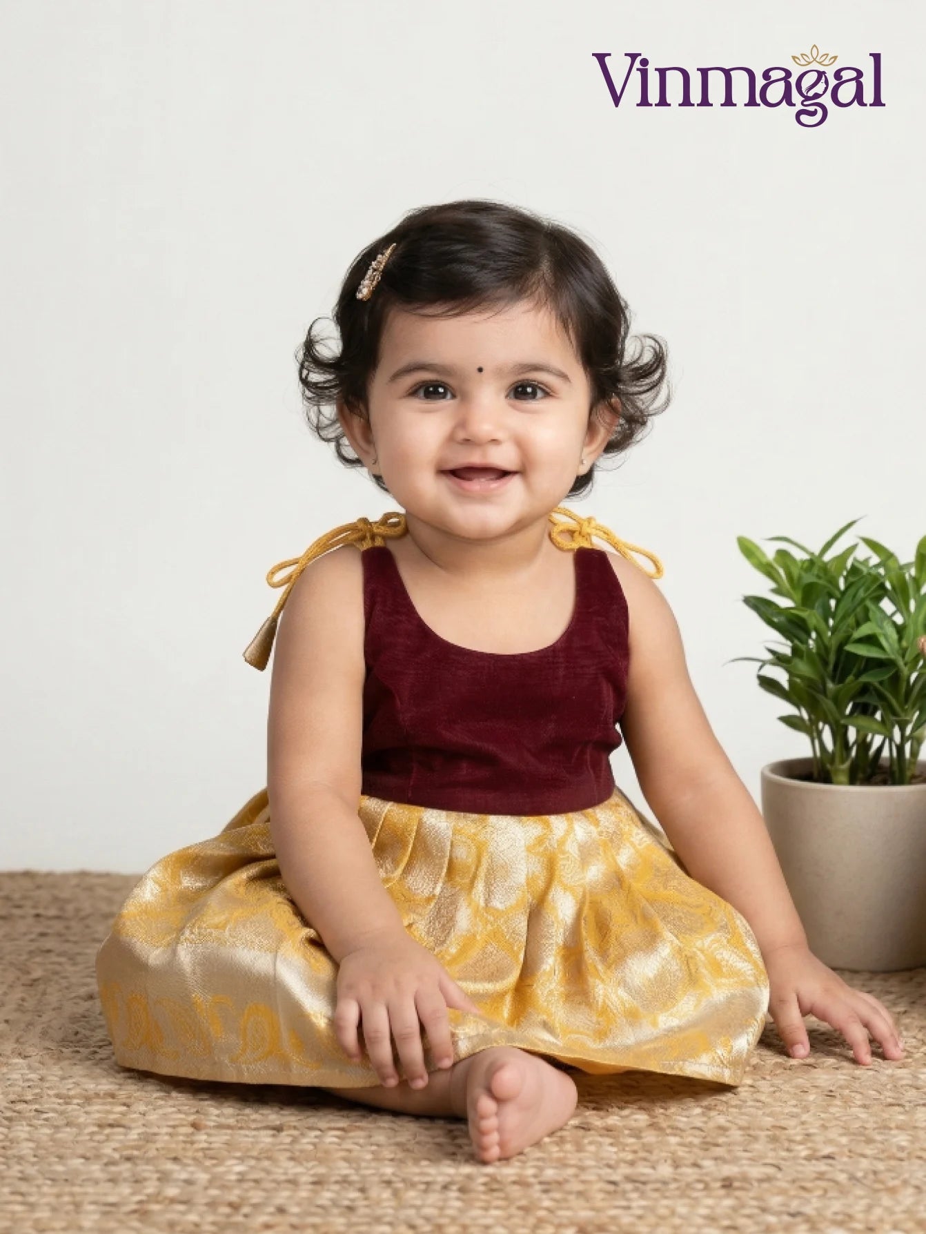 yellow brown silk frock for girls kids party wear festive dress