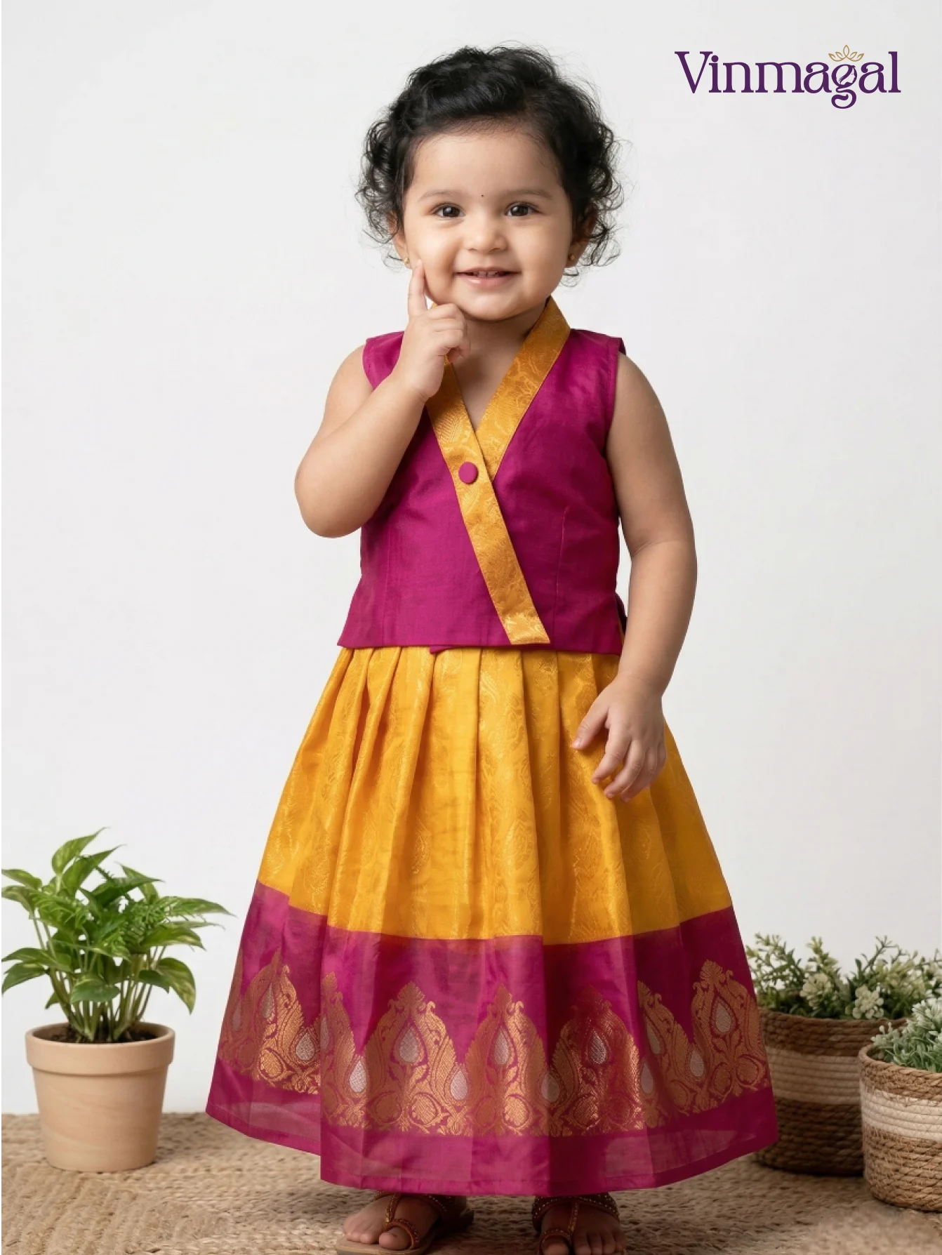yellow pink kora muslin silk pattu pavadai for girls skirt top traditional set