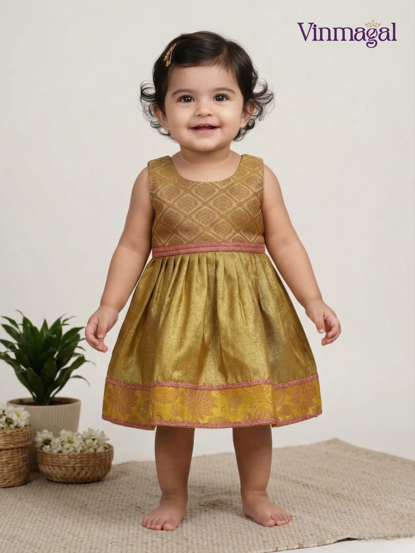 yellow pink silk frock for girls kids festive party wear dress