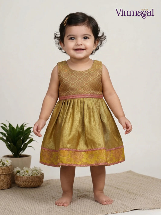 yellow pink silk frock for girls kids festive party wear dress