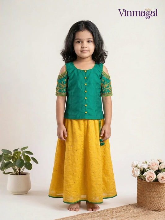 yellow rama green kids langa set for girls traditional skirt cloud shoulder top