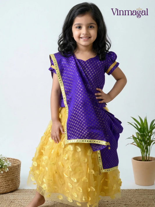 yellow violet netted lehenga for kids flared traditional lehenga set for girls festive wear