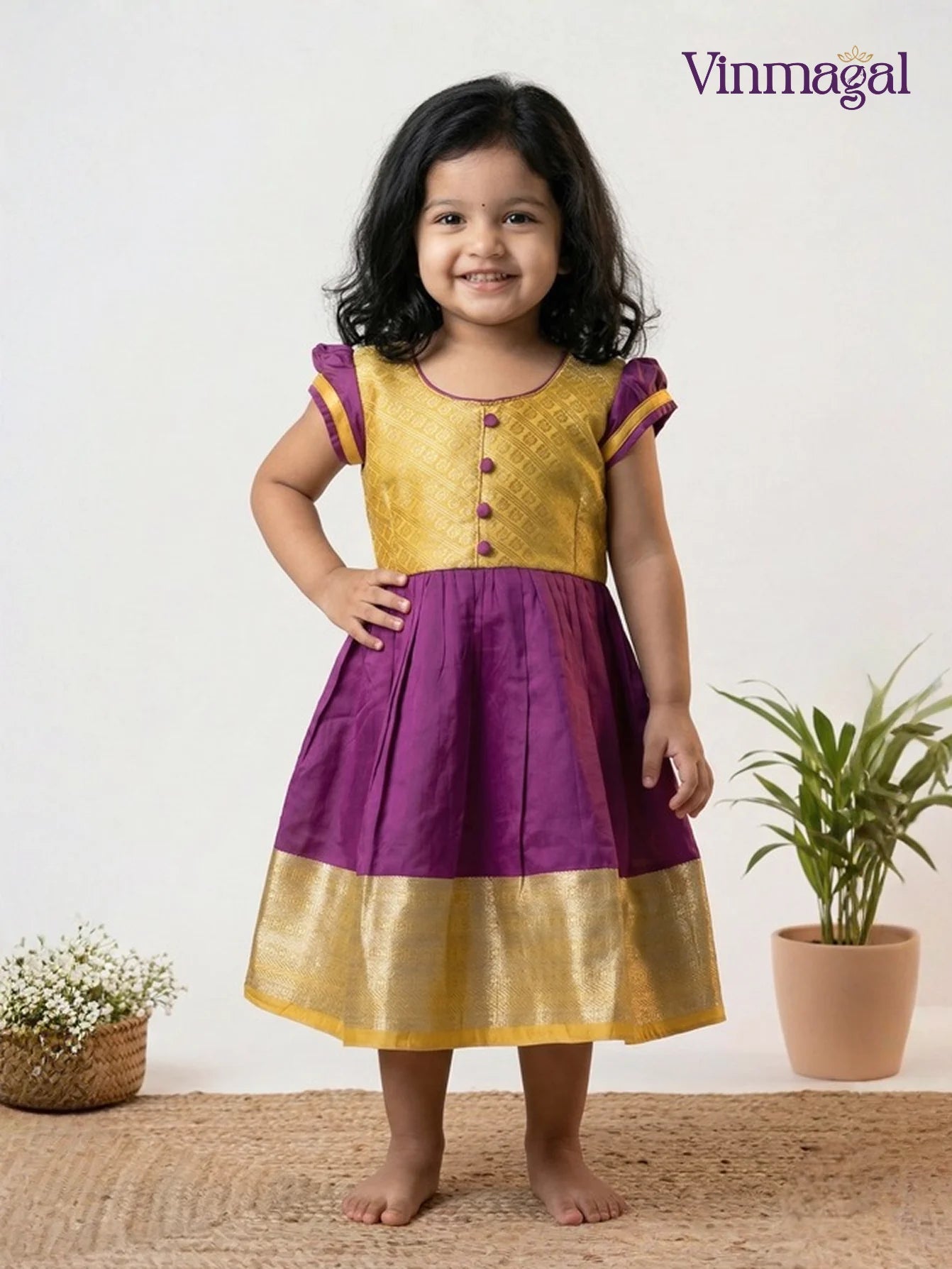 yellow violet silk frock for girls kids party traditional wear